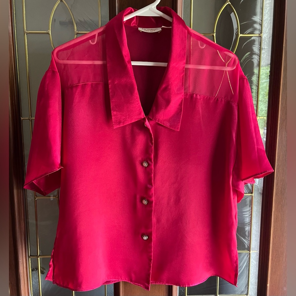 VTG 90s Victoria’s Secret Sheer Cropped Pajama Style Fuschia Blouse Size Small